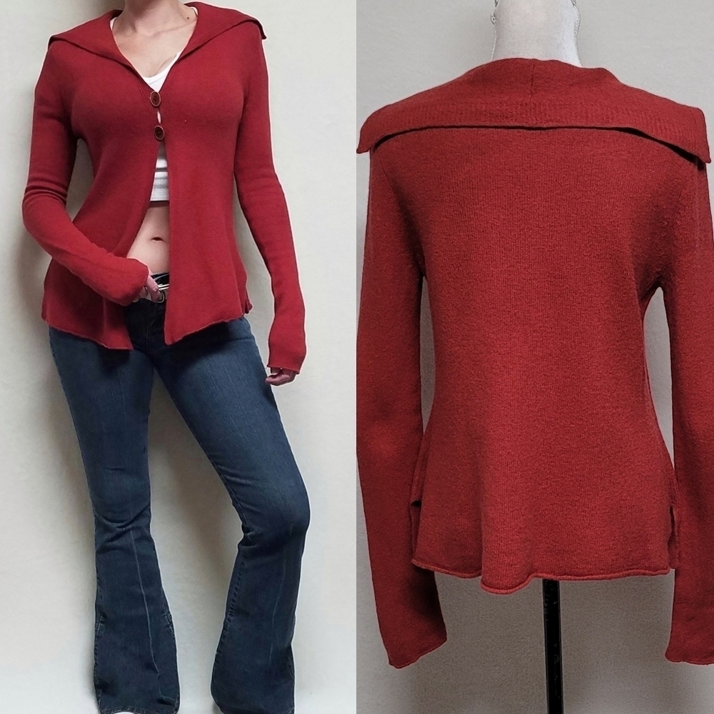 Y2K Retro Eve In Paradise Rust Red Yak Wool Wide Collar Asymmetric Cardigan S